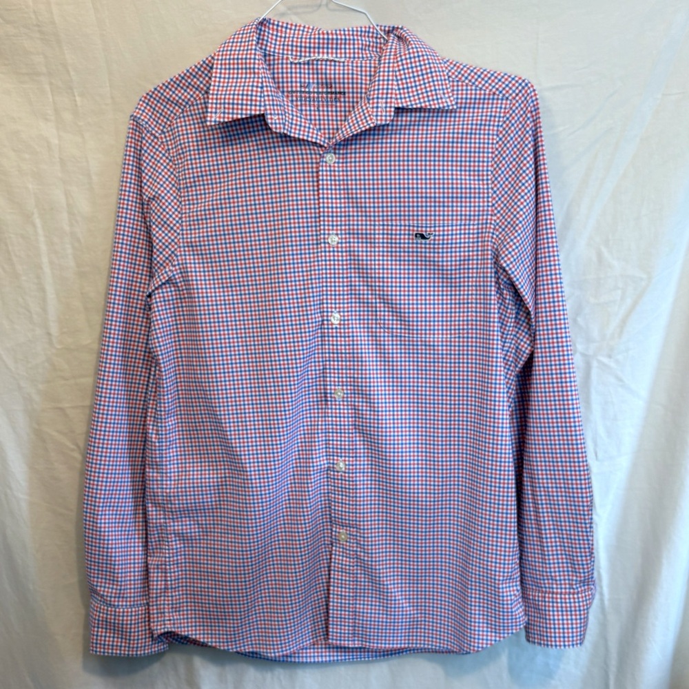 Men's Vineyard Vines Blue and Red Checkered On-The-Go Performance Shirt